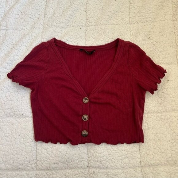 SHEIN Red Button-Up Crop Top Ribbed​ - Picture 1 of 7